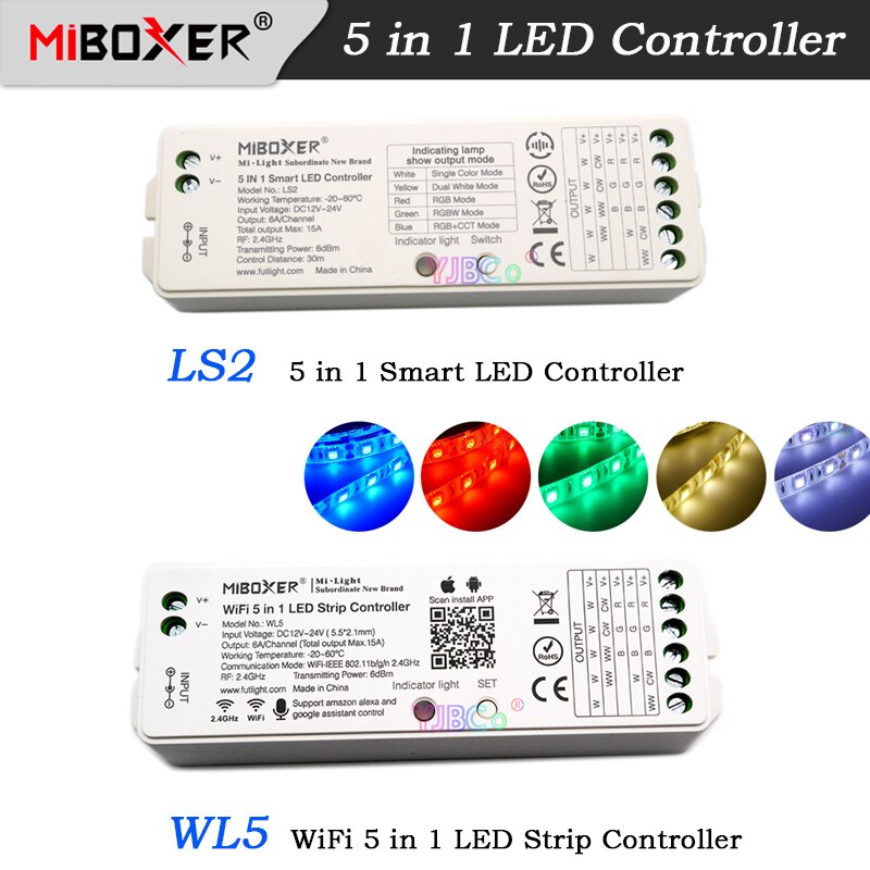 도매 WL5 WiFi 5 1 LED 컨트롤러 12V 24V 단일 색상/CCT/RGB/RGBW/RGB CCT 조명 테이프 조 광 기 LS2 2.4G 원격 제어